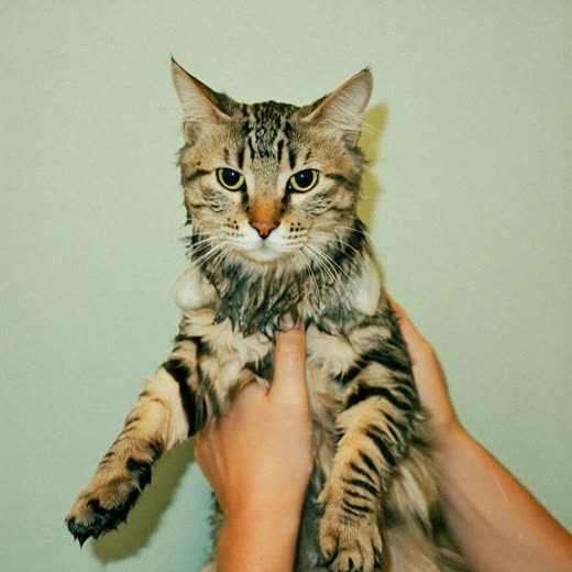A cat being bathed, wet fur and soft suds
