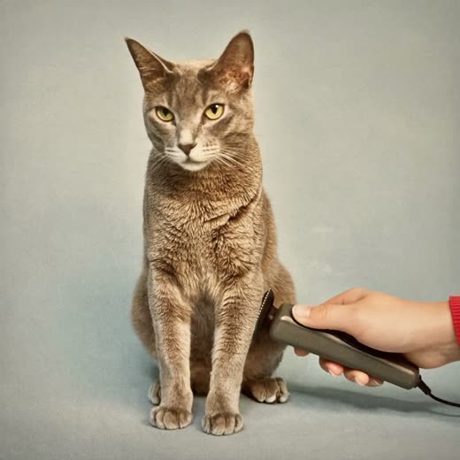 A cat with a freshly clipped coat beside grooming clippers